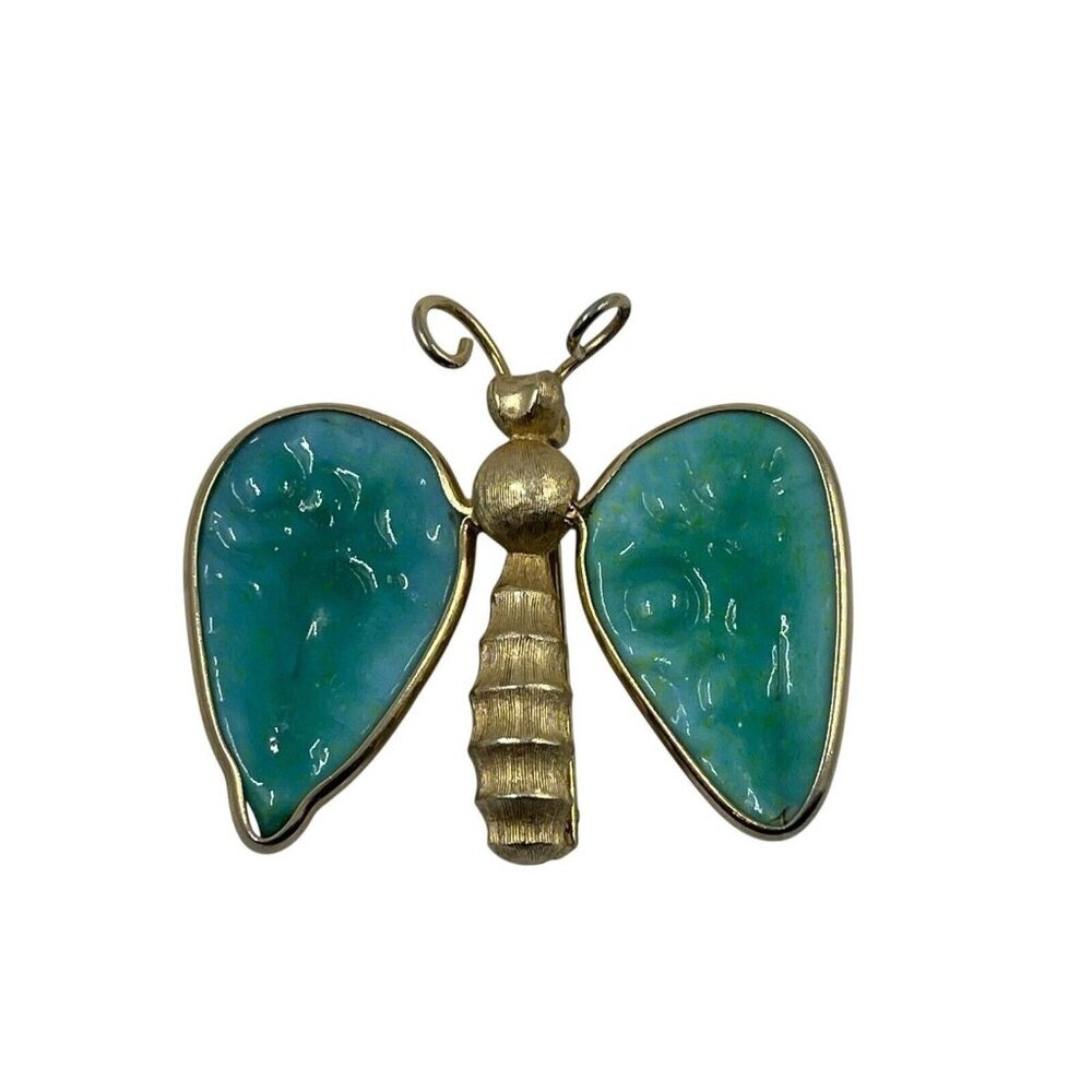 Weiss Brushed Gold-tone Butterfly w Faux Jade Molded Green Glass Wings‎ 1960s - Picture 2 of 12